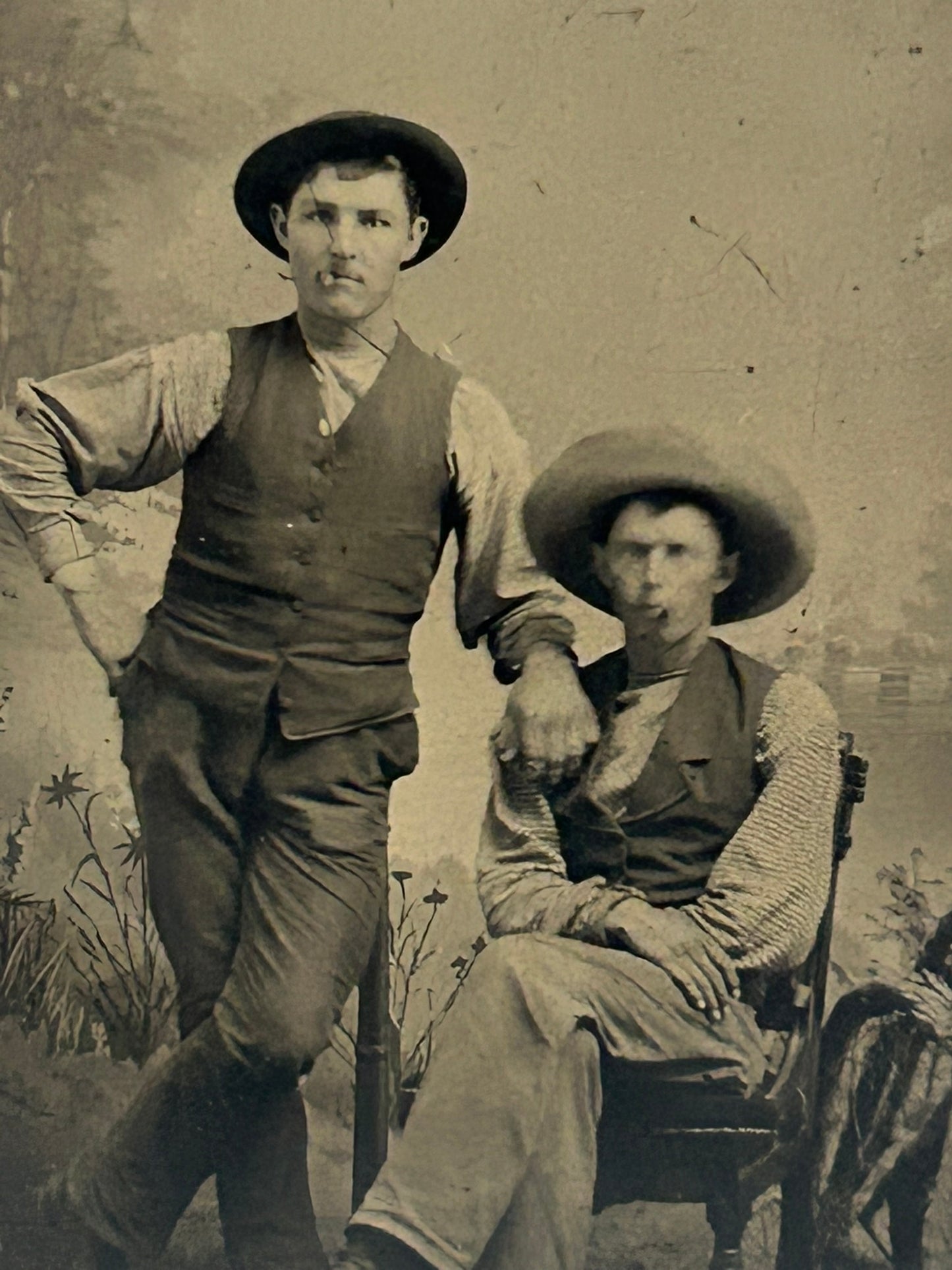 TINTYPE ANTIQUE PHOTO OF TWO COWBOYS SMOKING