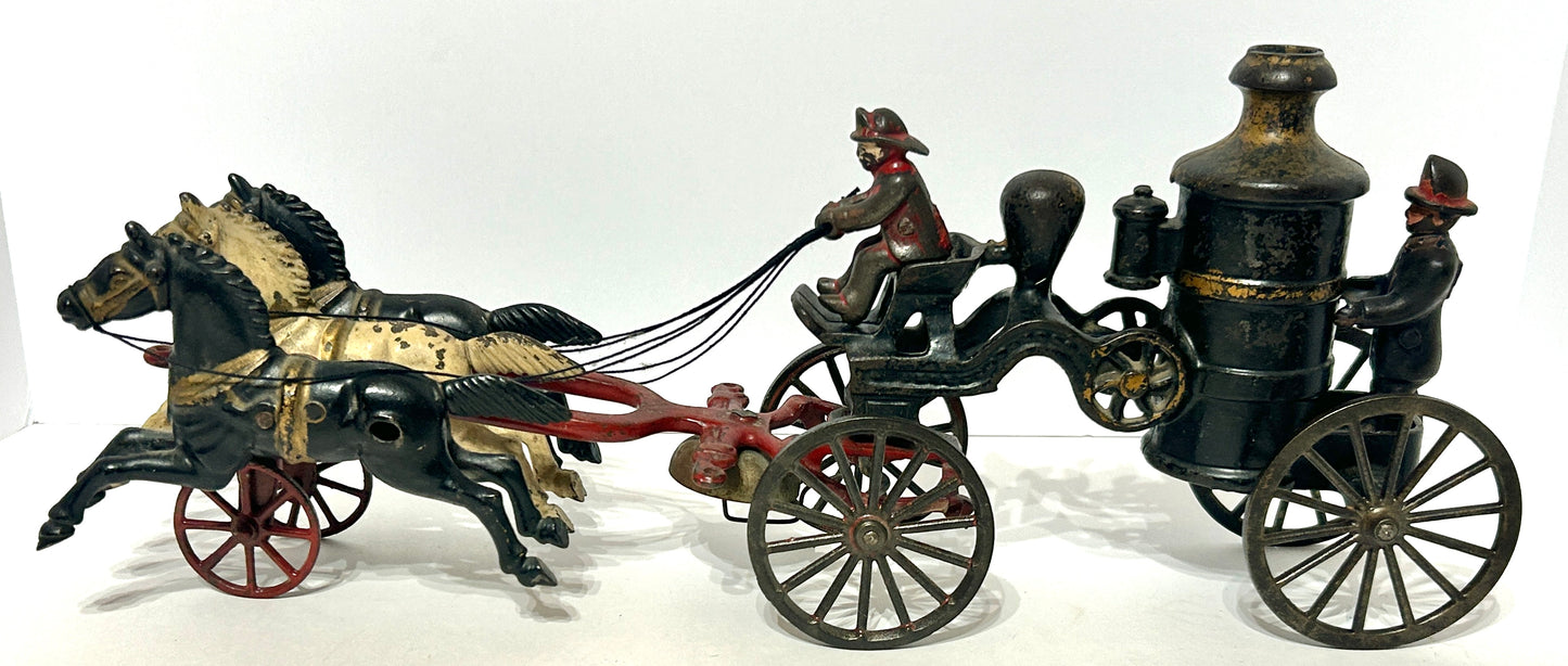 ANTIQUE CAST IRON TOY HORSE DRAWN FIRE PUMPER