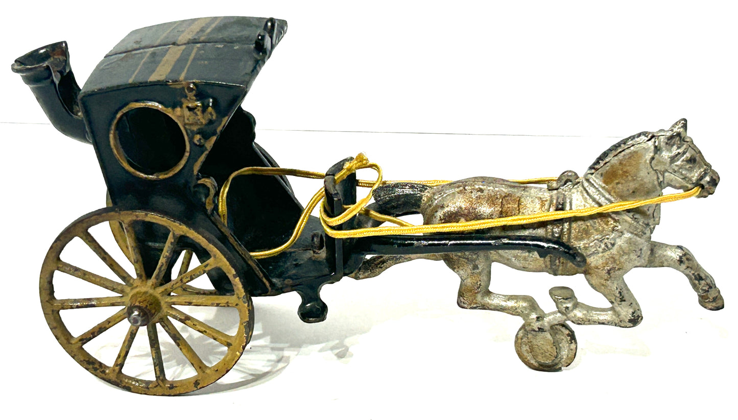 CAST IRON ANTIQUE HORSE DRAWN HANSOM CAB TOY