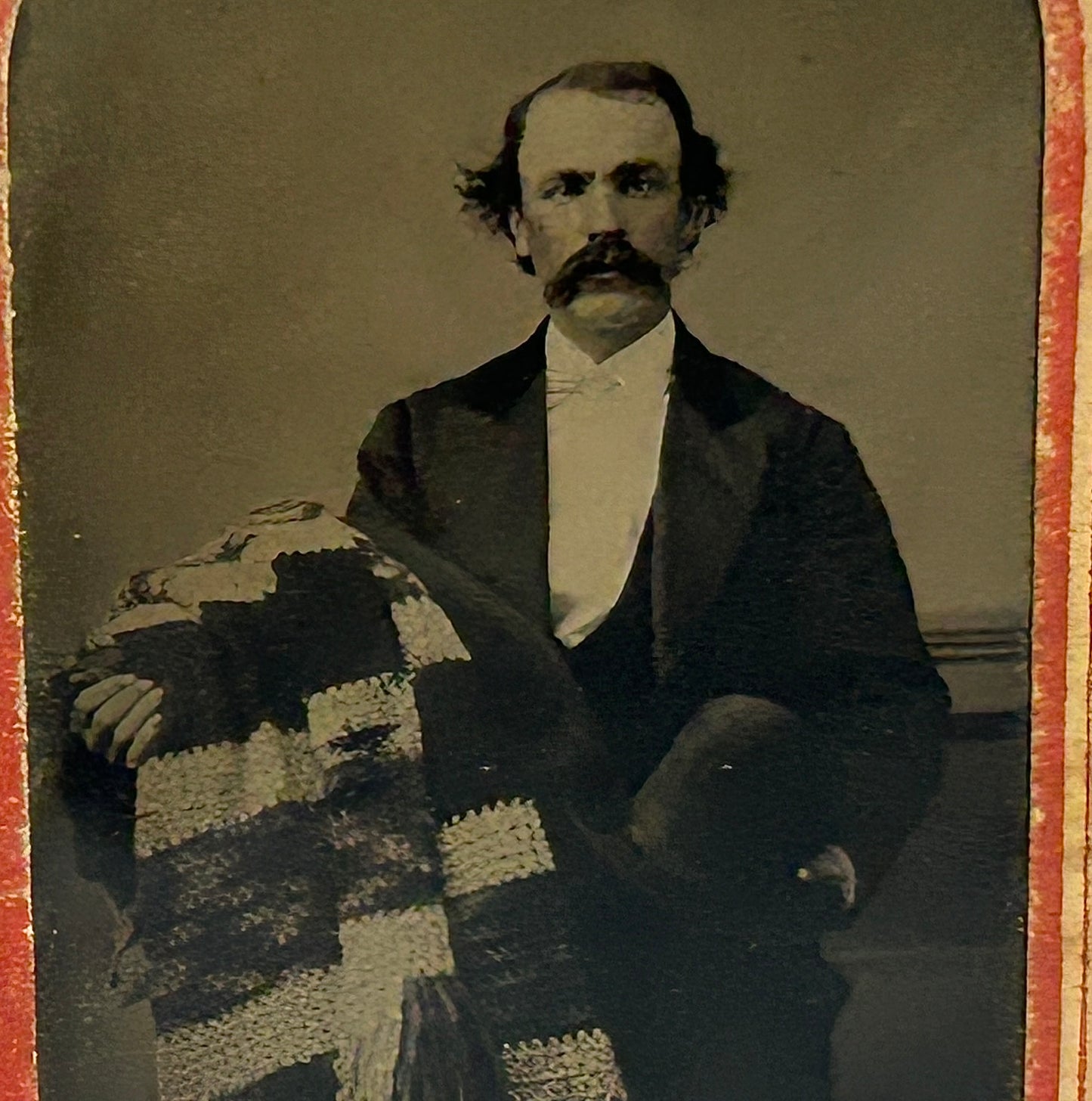 ANTIQUE TINTYPE PHOTO OF MAN WITH CROCHET BLANKET
