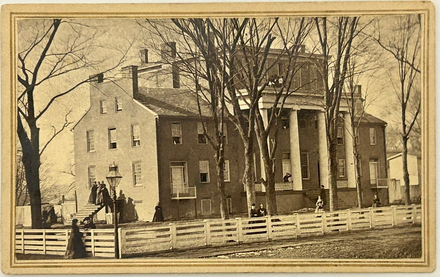 ANTIQUE CDV OUTDOOR PHOTOGRAPH OF LARGE BUILDING WITH PEOPLE