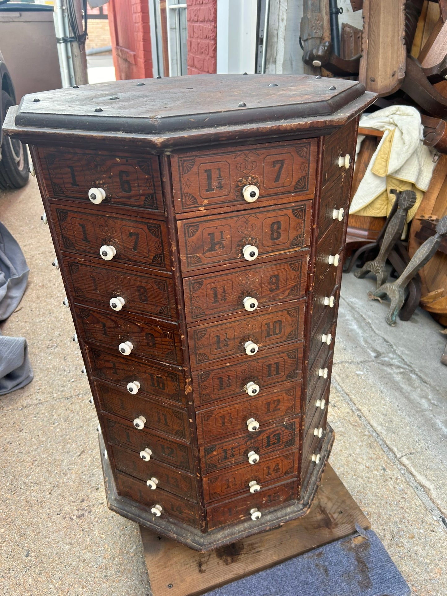 ANTIQUE OCTAGON STORE SCREW REVOLVING CABINET