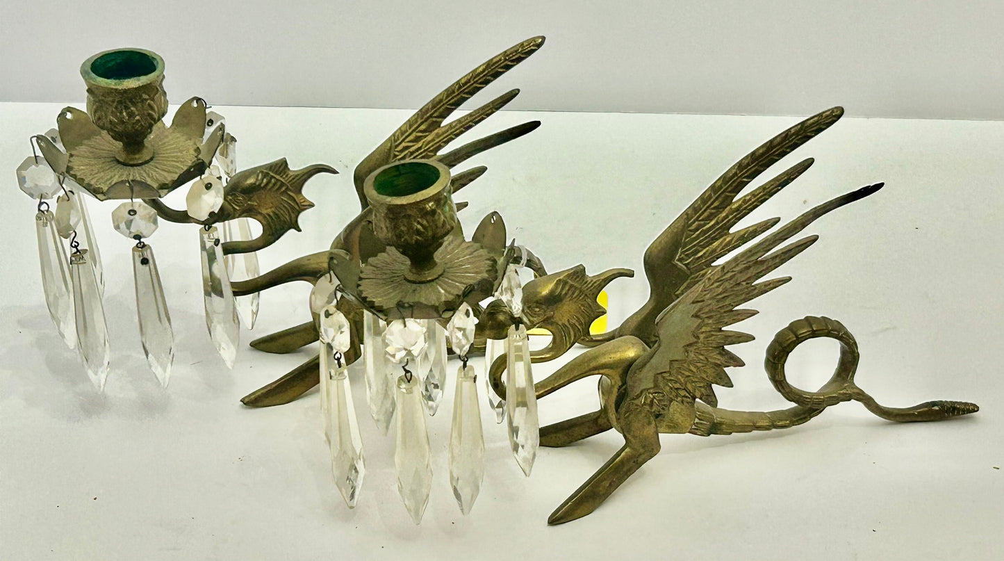 ANTIQUE GRIFFIN BRASS CANDLEHOLDERS PAIR