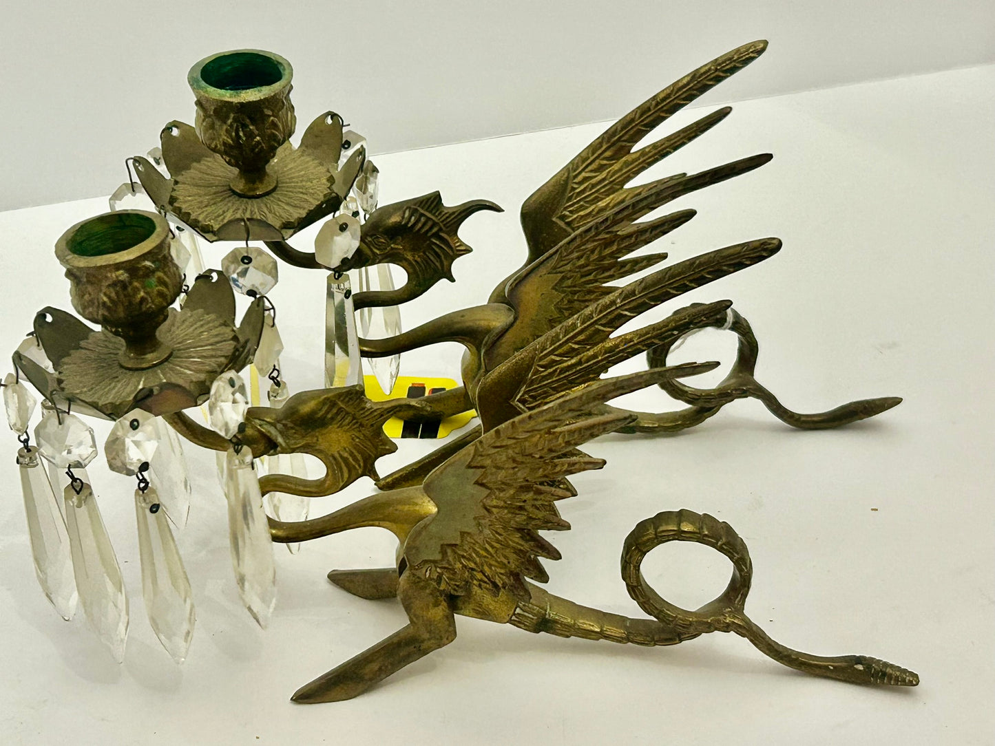 ANTIQUE GRIFFIN BRASS CANDLEHOLDERS PAIR