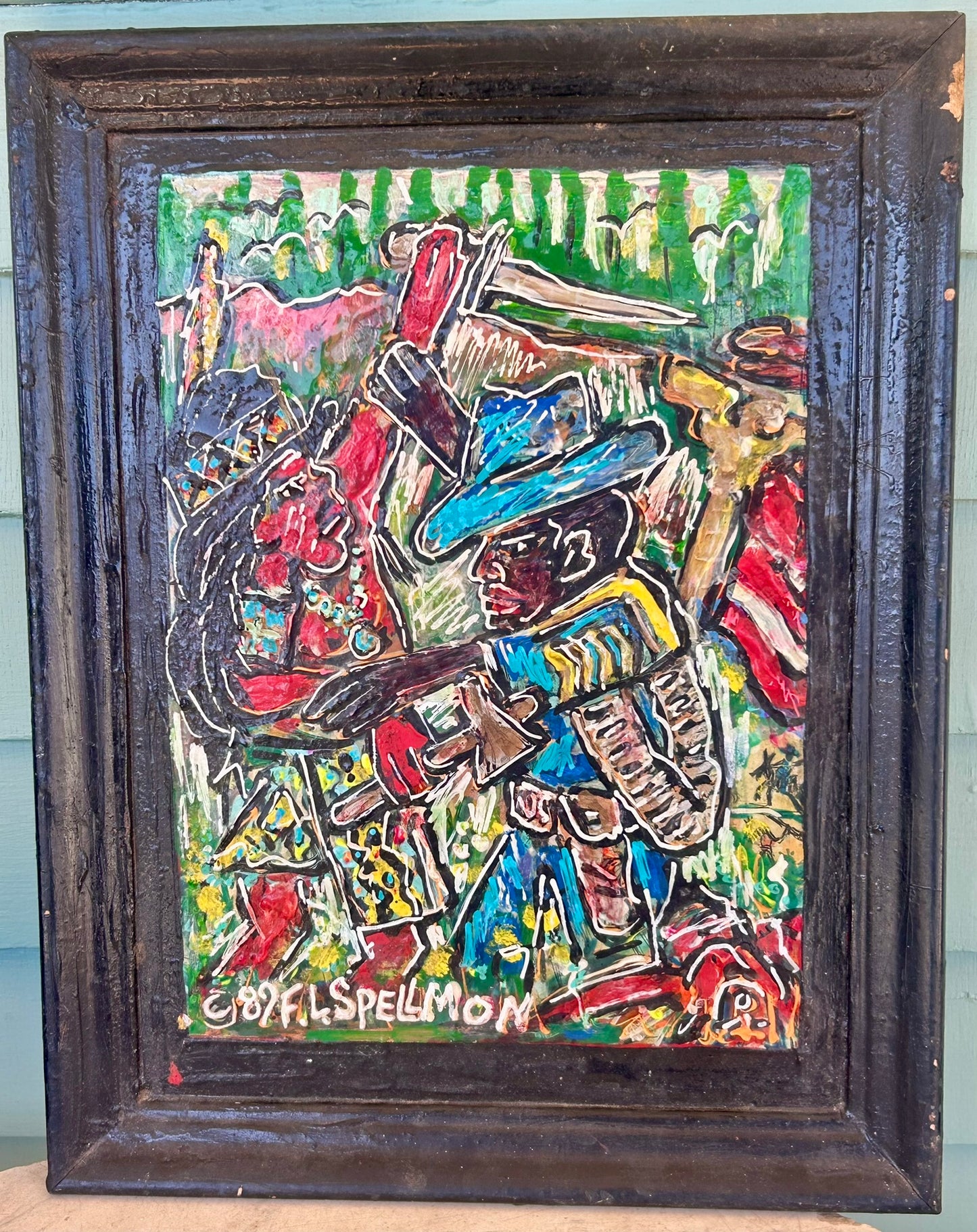 DOC SPELLMAN OUTSIDER ARTIST PAINTING OF TWO MEN FIGHTING