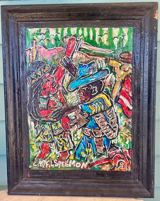 DOC SPELLMAN OUTSIDER ARTIST PAINTING OF TWO MEN FIGHTING