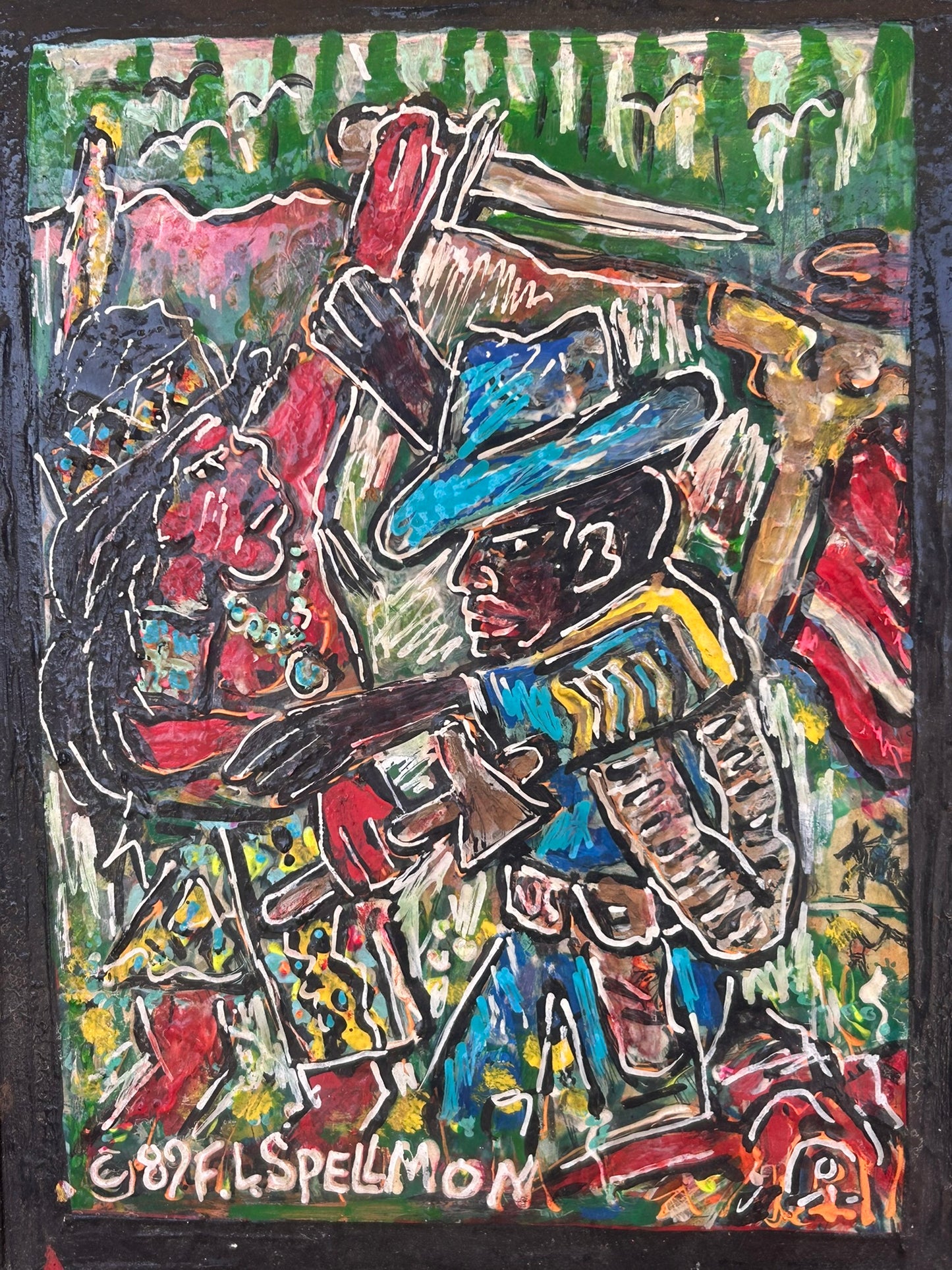 DOC SPELLMAN OUTSIDER ARTIST PAINTING OF TWO MEN FIGHTING