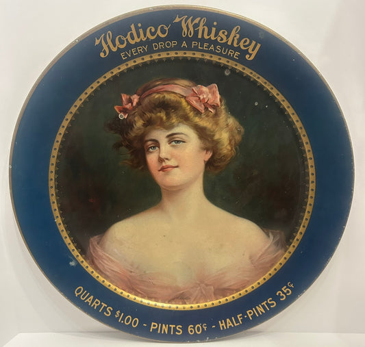 ANTIQUE ADVERTISING SIGN FOR HODICO WHISKEY ROUND TIN WITH PRETTY WOMAN