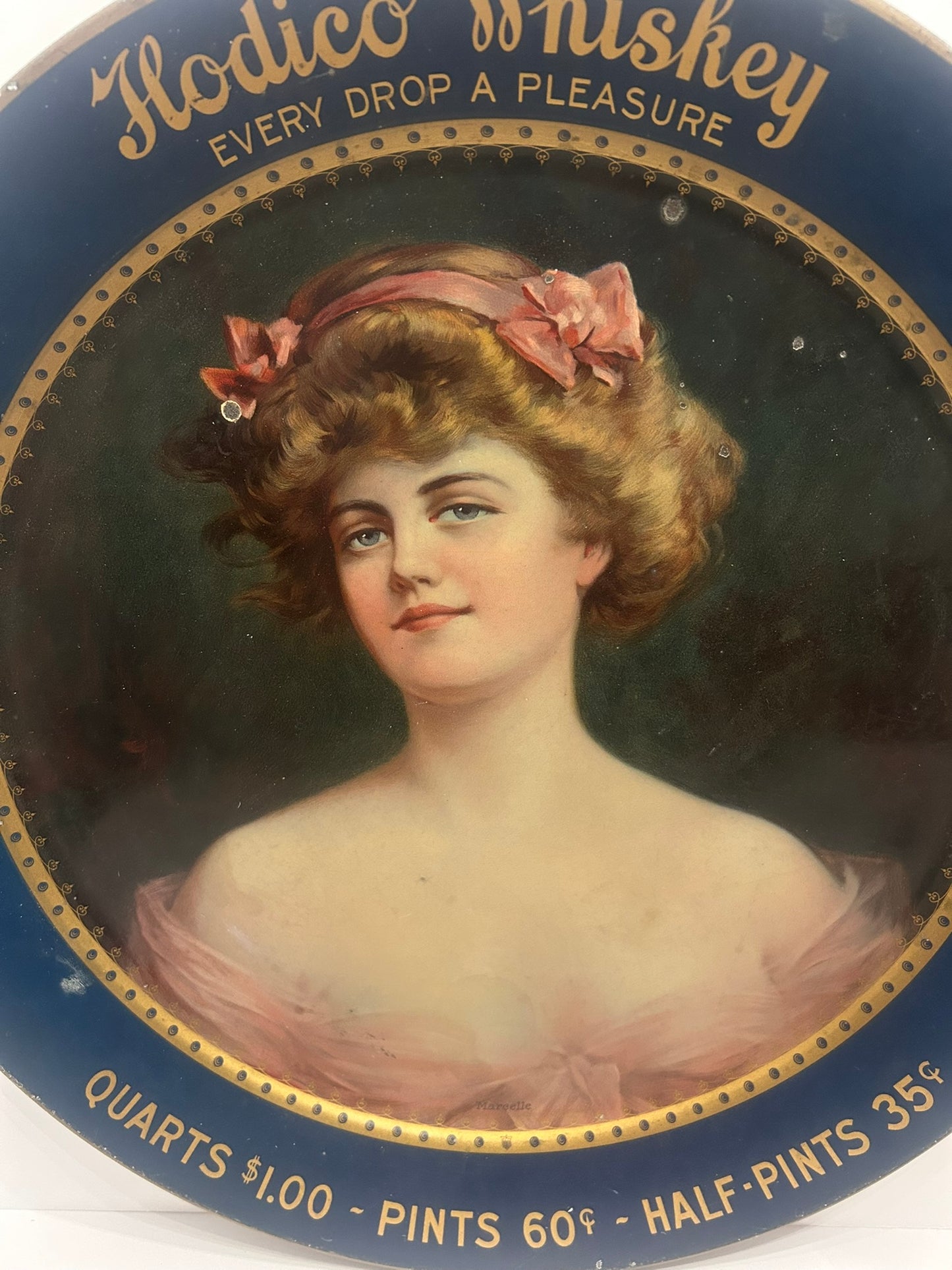 ANTIQUE ADVERTISING SIGN FOR HODICO WHISKEY ROUND TIN WITH PRETTY WOMAN