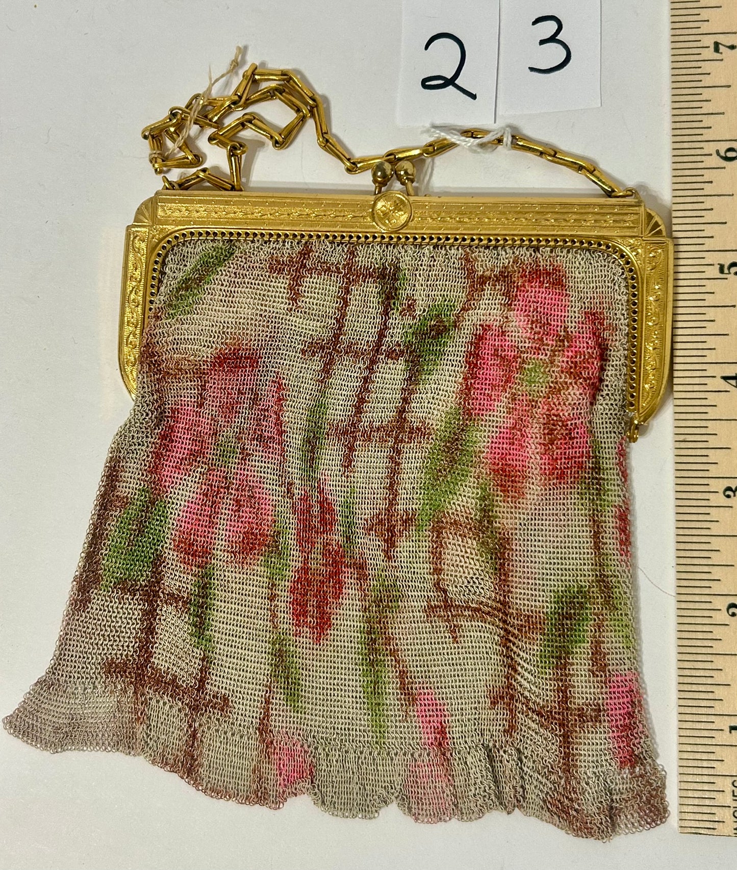 WHITING & DAVIS FINE MESH PURSE WITH PINK FLORALS