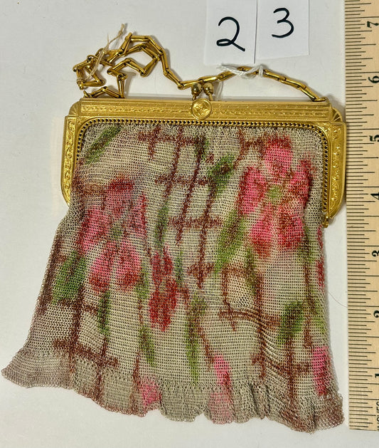 WHITING & DAVIS FINE MESH PURSE WITH PINK FLORALS