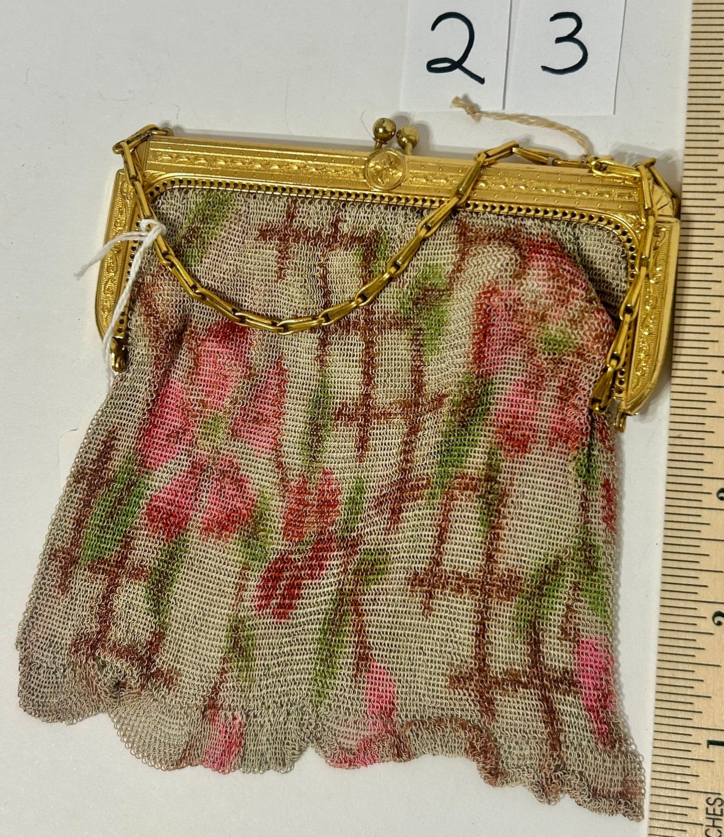 WHITING & DAVIS FINE MESH PURSE WITH PINK FLORALS