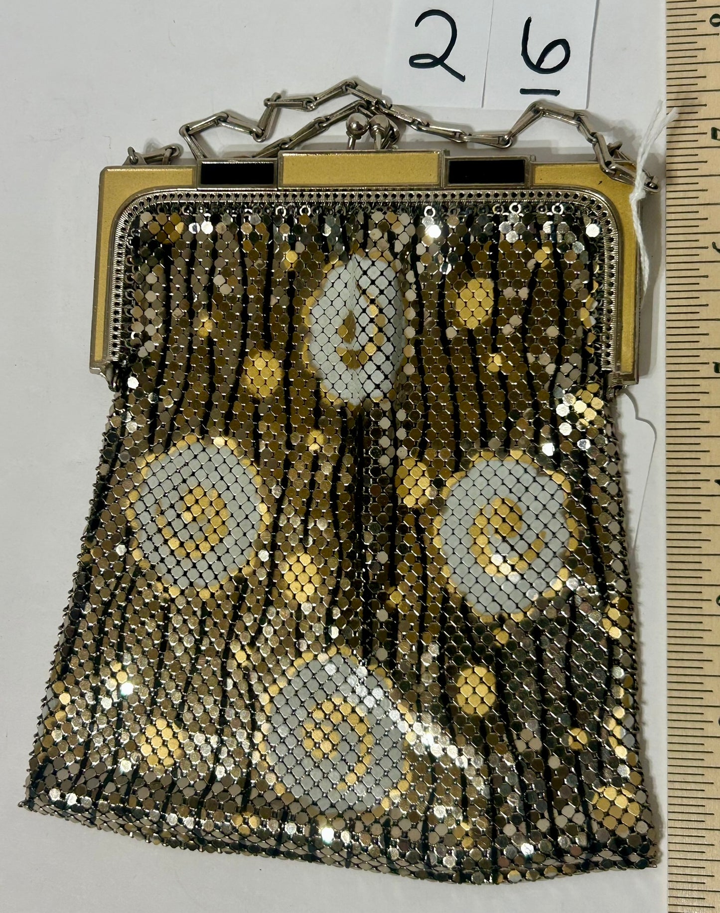 WHITING & DAVIS ENAMELED SILVER AND GOLD MESH PURSE WITH ENAMELED CIRCLES DESIGNS