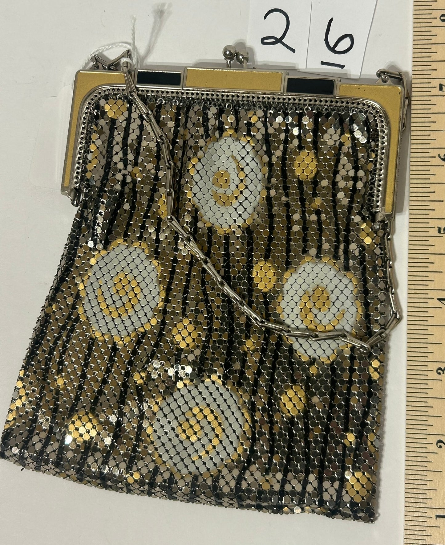 WHITING & DAVIS ENAMELED SILVER AND GOLD MESH PURSE WITH ENAMELED CIRCLES DESIGNS