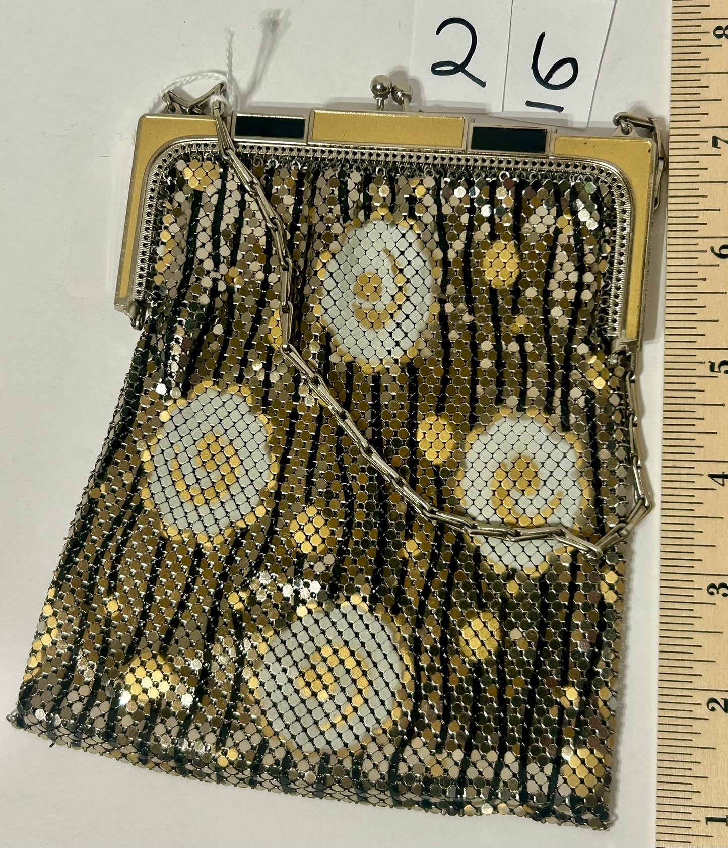 WHITING & DAVIS ENAMELED SILVER AND GOLD MESH PURSE WITH ENAMELED CIRCLES DESIGNS