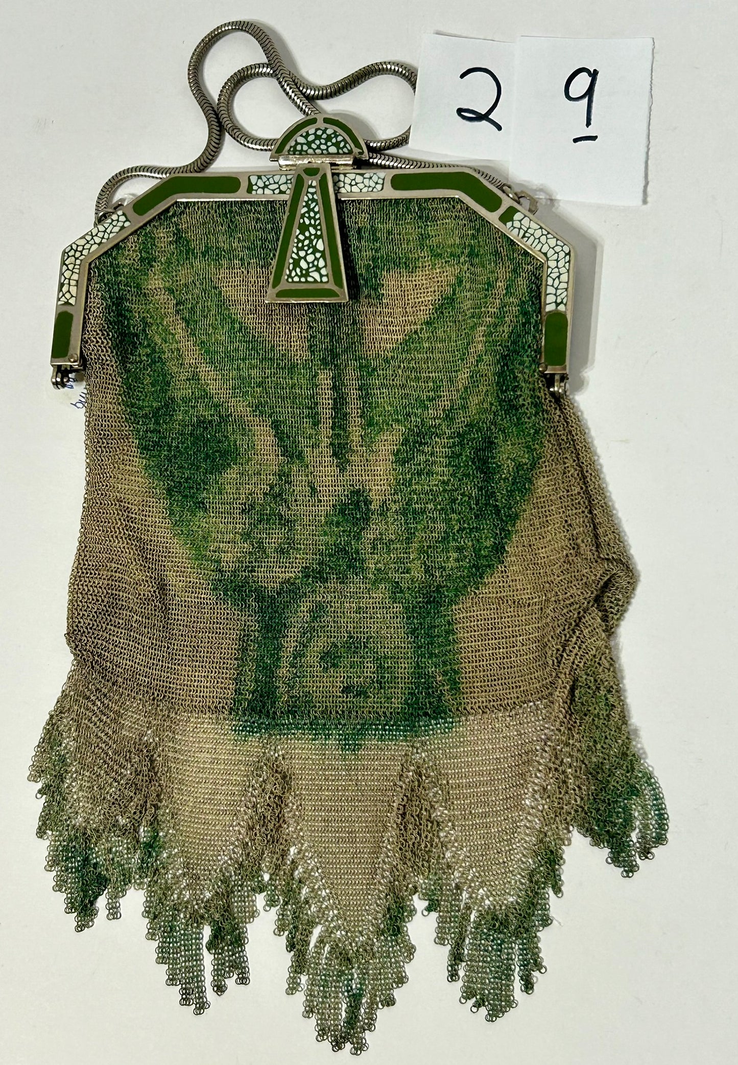 ANTIQUE FANCY GREEN ENAMEL PURSE BELIEVED TO BE BY WHITING DAVIS
