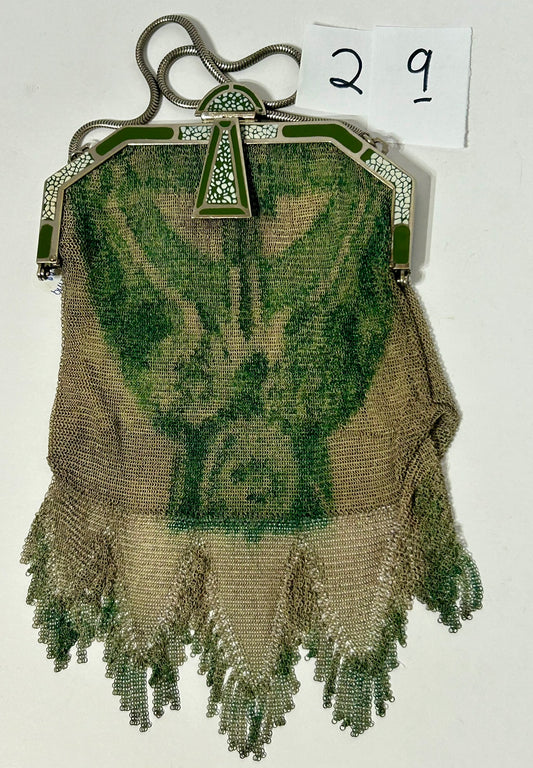 ANTIQUE FANCY GREEN ENAMEL PURSE BELIEVED TO BE BY WHITING DAVIS
