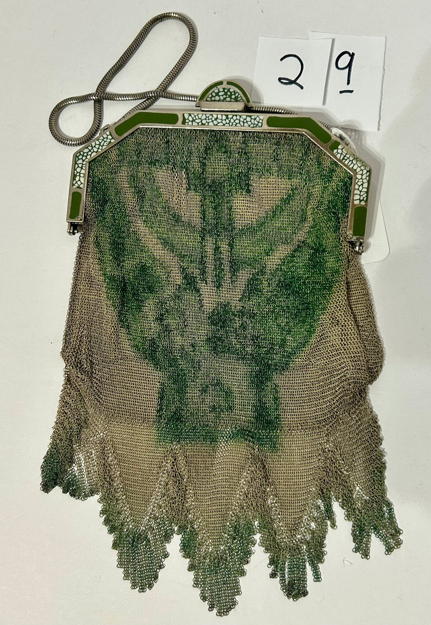 ANTIQUE FANCY GREEN ENAMEL PURSE BELIEVED TO BE BY WHITING DAVIS