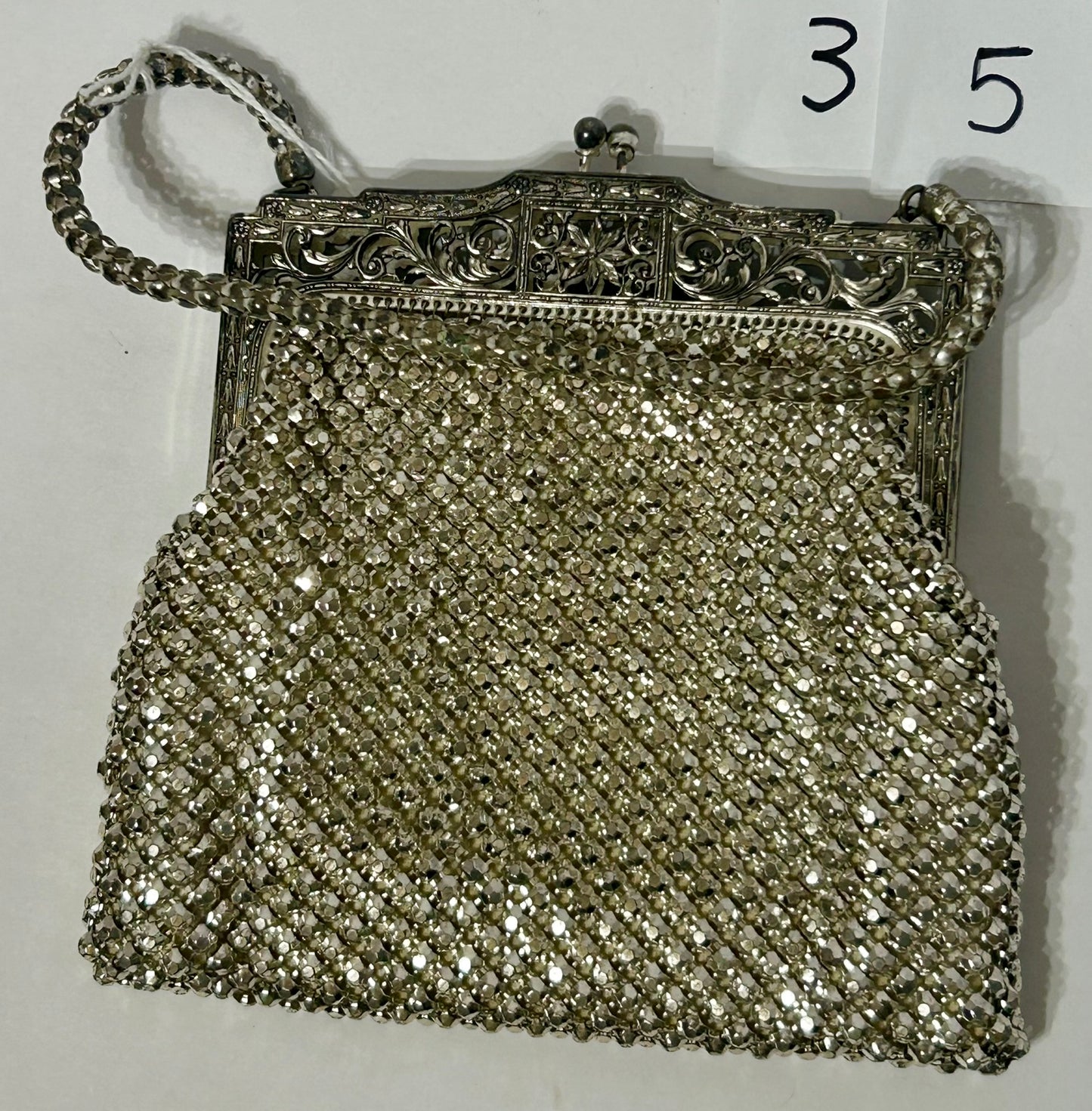ANTIQUE PURSE WITH FANCY FILIGREE FRAME WITH MESH BY WHITING & DAVIS