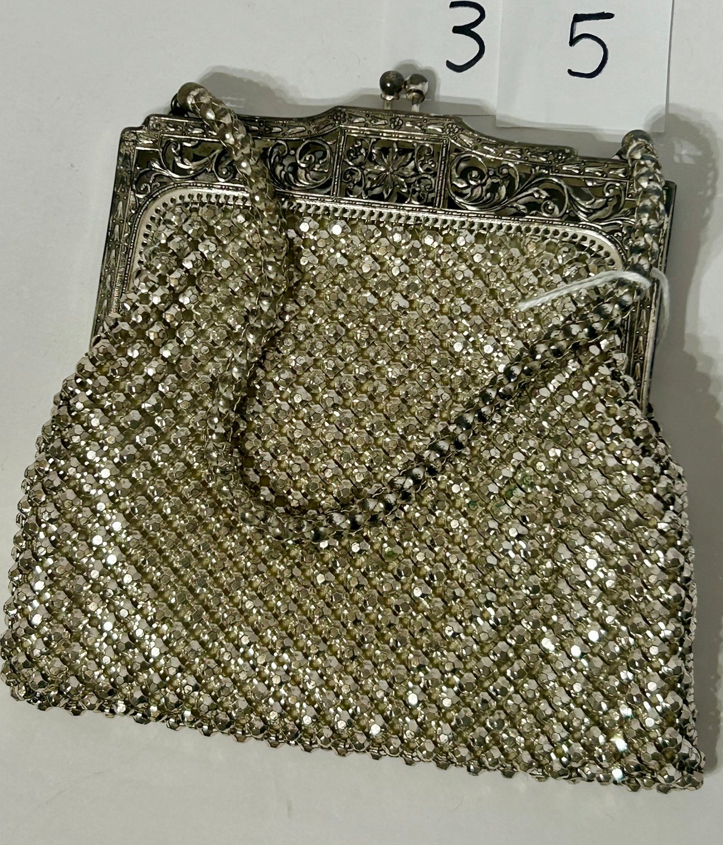 ANTIQUE PURSE WITH FANCY FILIGREE FRAME WITH MESH BY WHITING & DAVIS