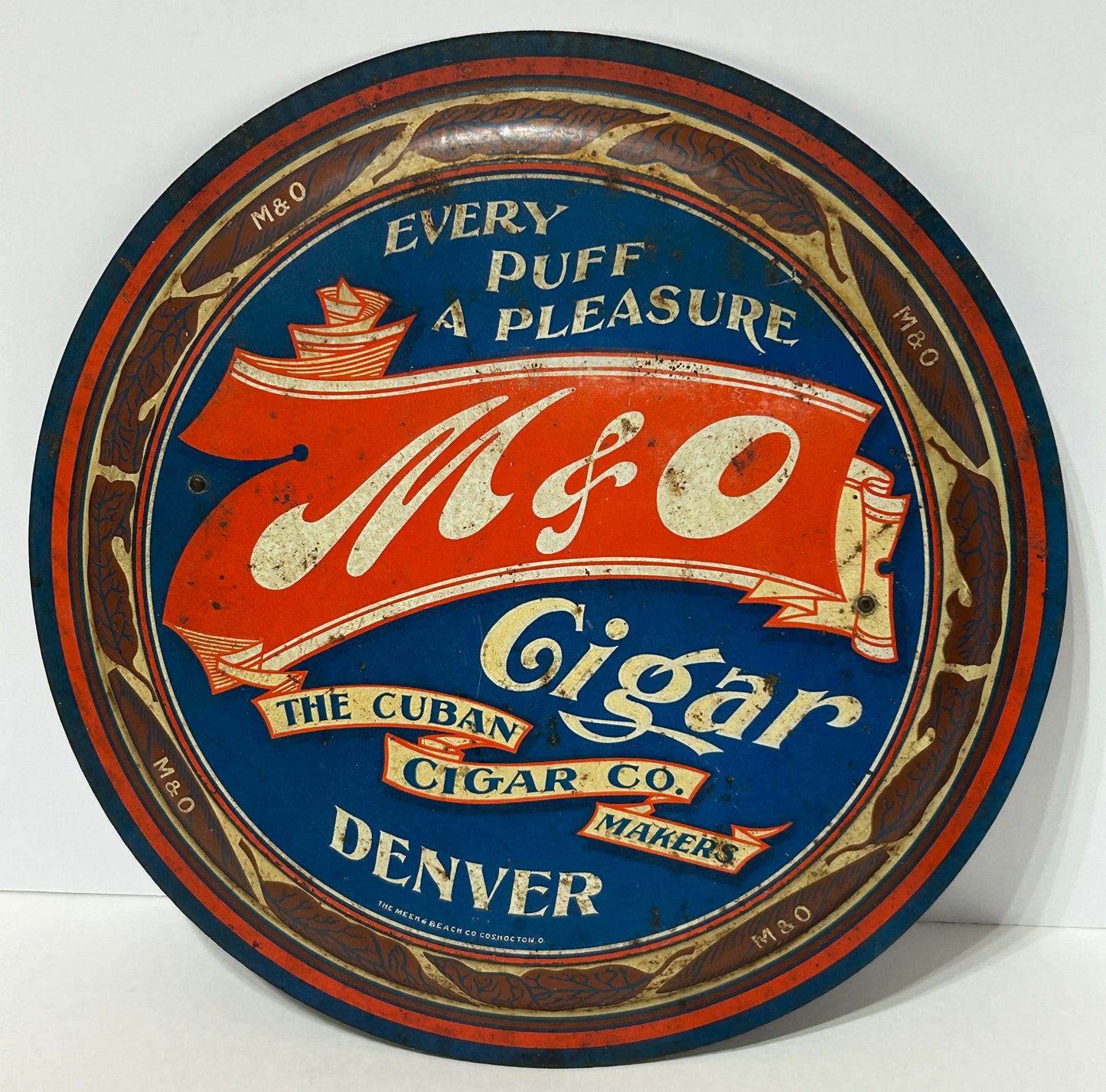 ANTIQUE M & O CIGARS DENVER ROUND TIN ADVERTISING SIGN