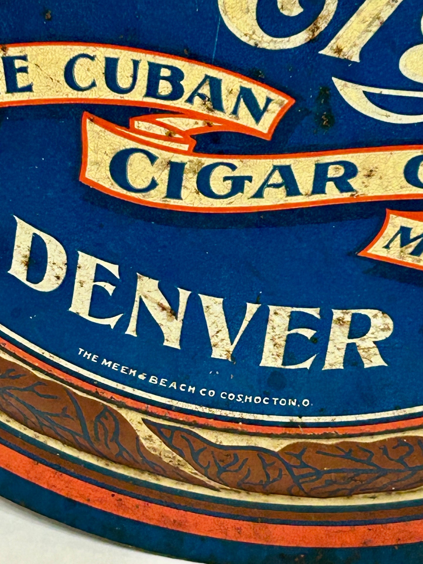 ANTIQUE M & O CIGARS DENVER ROUND TIN ADVERTISING SIGN