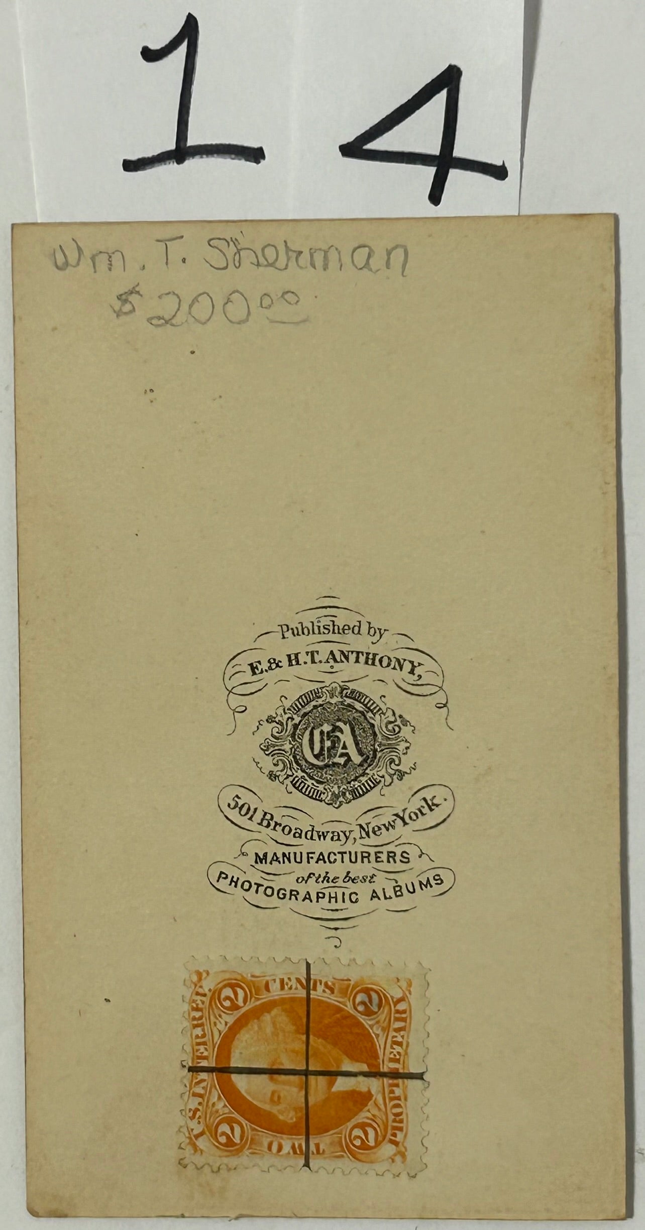 CIVIL WAR CDV PHOTOGRAPH OF GENERAL WM. SHERMAN BY PHOTOGRAPHER ANTHONY