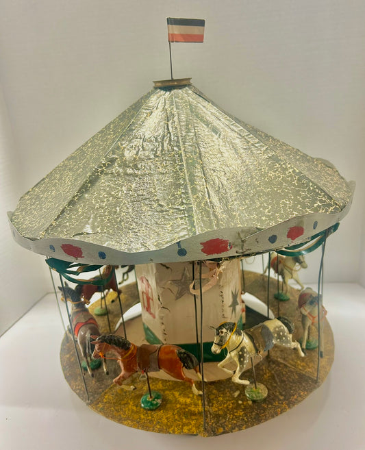 FOLK ART HAND MADE ANTIQUE MINIATURE CAROUSEL WITH GERMAN MADE HORSES
