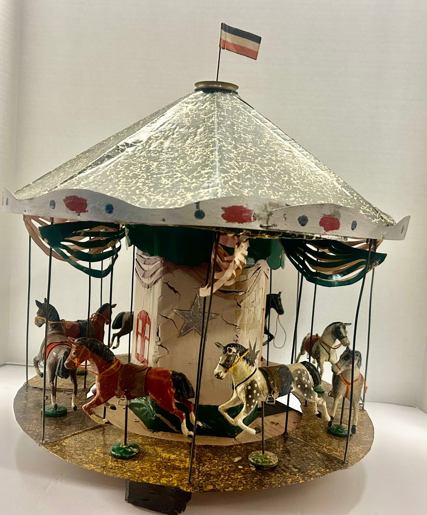 FOLK ART HAND MADE ANTIQUE MINIATURE CAROUSEL WITH GERMAN MADE HORSES