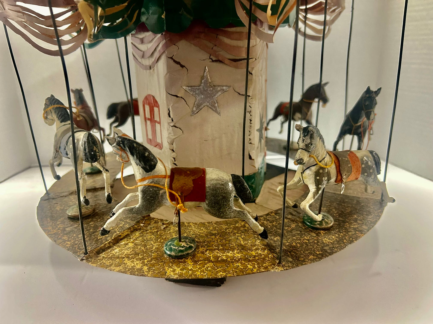 FOLK ART HAND MADE ANTIQUE MINIATURE CAROUSEL WITH GERMAN MADE HORSES