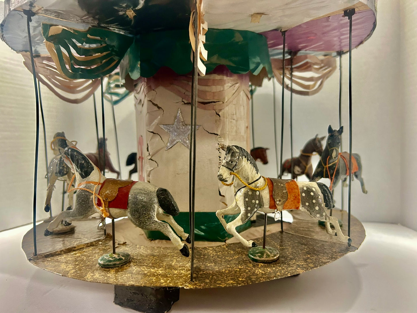 FOLK ART HAND MADE ANTIQUE MINIATURE CAROUSEL WITH GERMAN MADE HORSES
