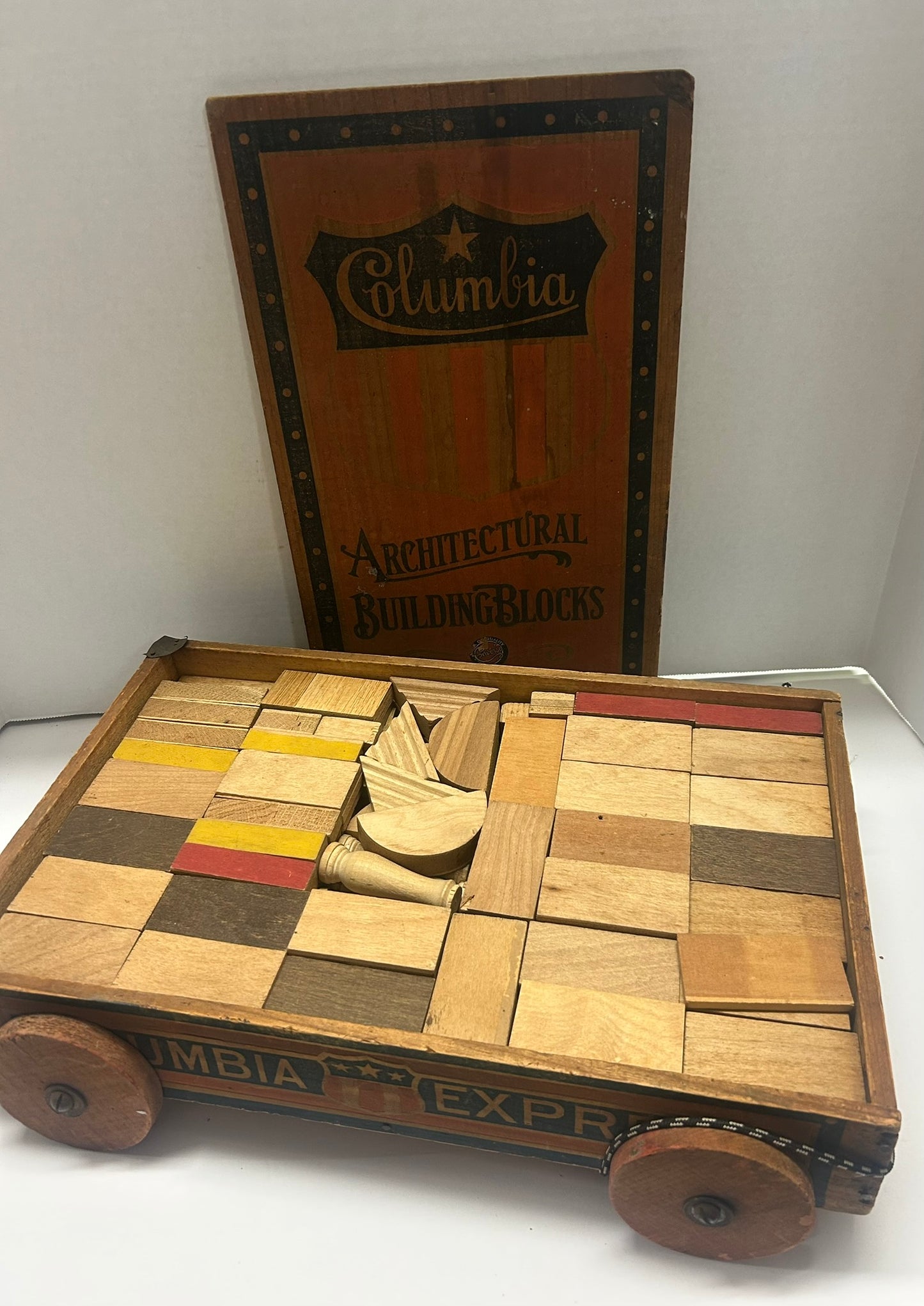 COLUMBIA ARCHITECTURAL BUILDING BLOCKS BY CONVERSE IN ORIGINAL PATRIOTIC WOOD WAGON