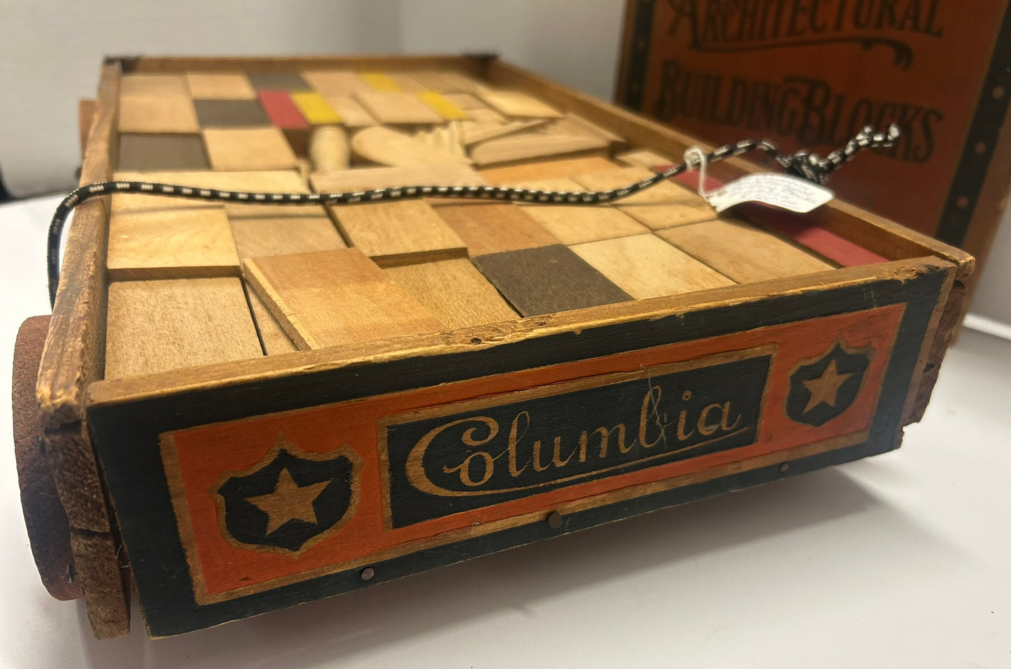 COLUMBIA ARCHITECTURAL BUILDING BLOCKS BY CONVERSE IN ORIGINAL PATRIOTIC WOOD WAGON