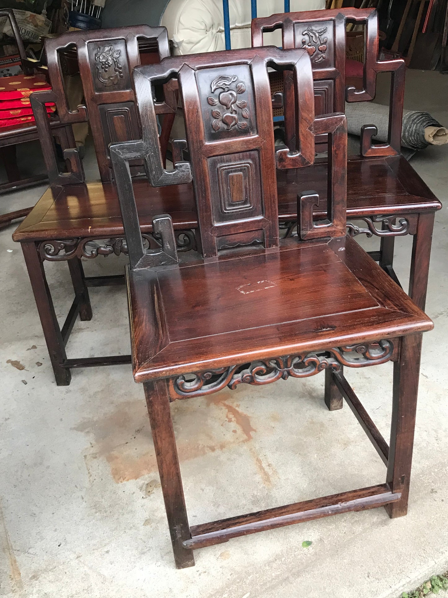ANTIQUE ROSEWOOD CHINESE GAME TABLE AND FOUR CHAIRS