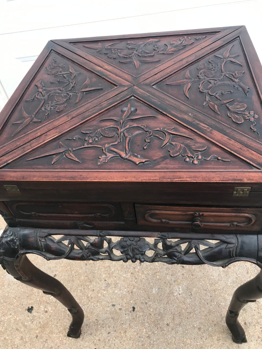 ANTIQUE ROSEWOOD CHINESE GAME TABLE AND FOUR CHAIRS