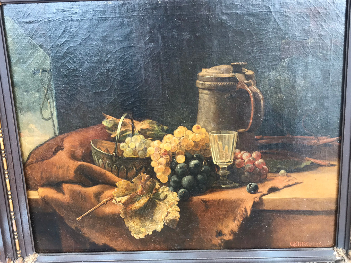 1880 STILL LIFE PAINTING OF FRUIT AND STEIN BY EDUARD GEHBE