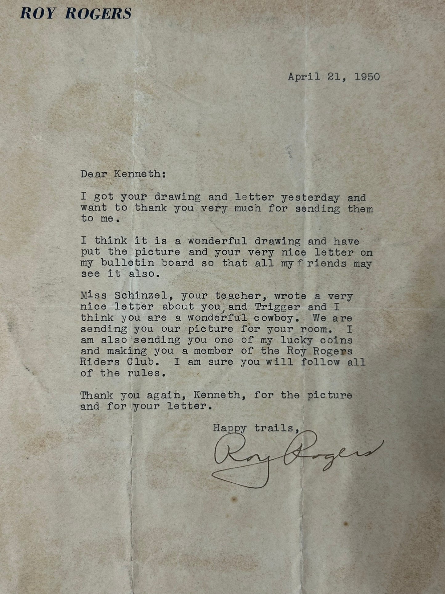 ROY ROGERS AUTOGRAPHED LETTER TO YOUNG BOY IN 1951 IN SCRAPBOOK