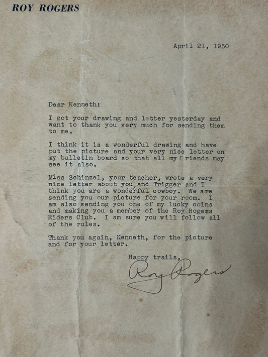 ROY ROGERS AUTOGRAPHED LETTER TO YOUNG BOY IN 1951 IN SCRAPBOOK