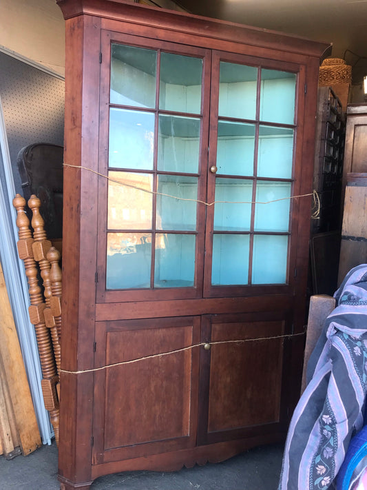 MID 1800's CORNER CABINET WITH 16 GLASS PANES