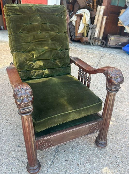 ANTIQUE MORRIS CHAIR WITH CARVED ARMS