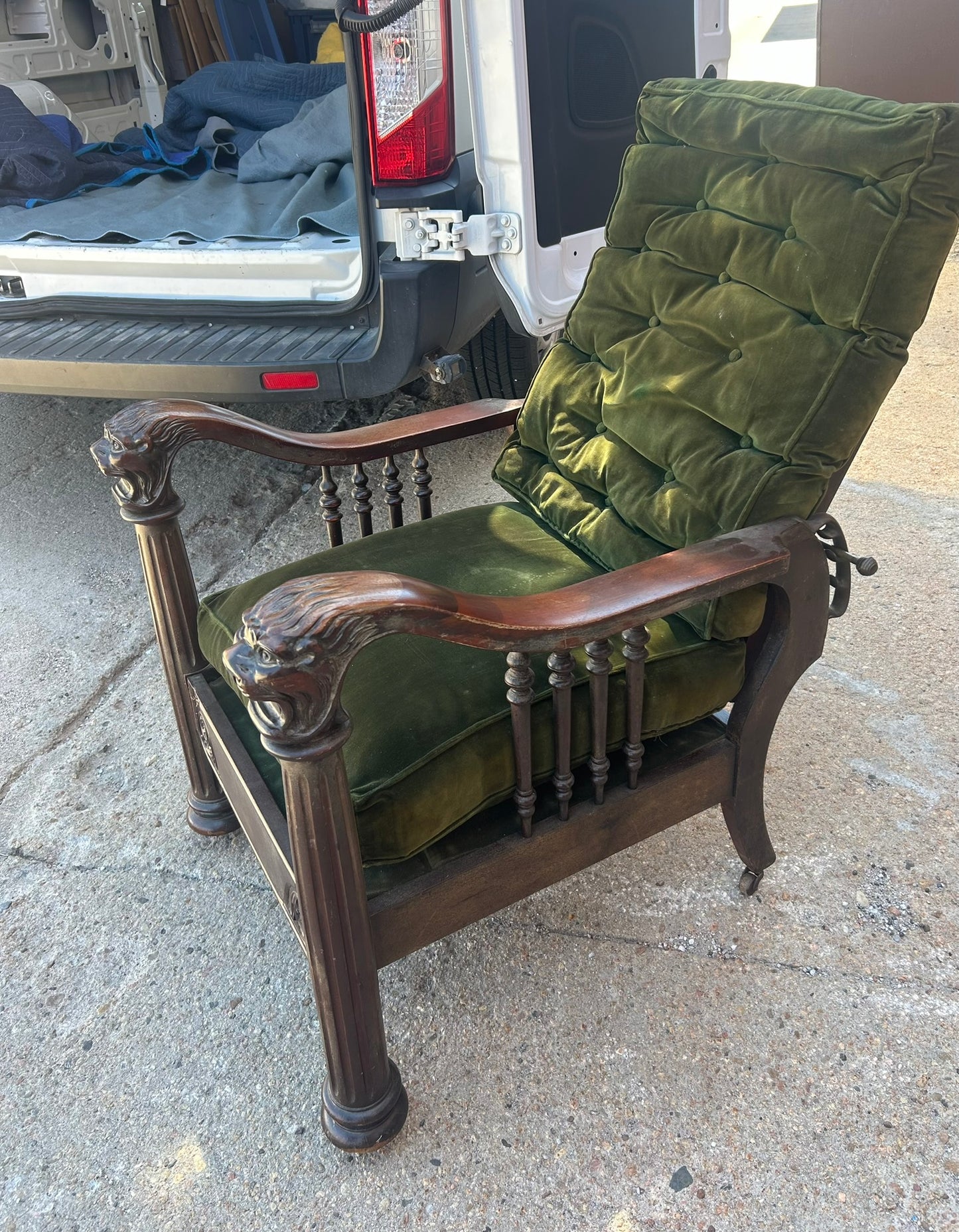 ANTIQUE MORRIS CHAIR WITH CARVED ARMS