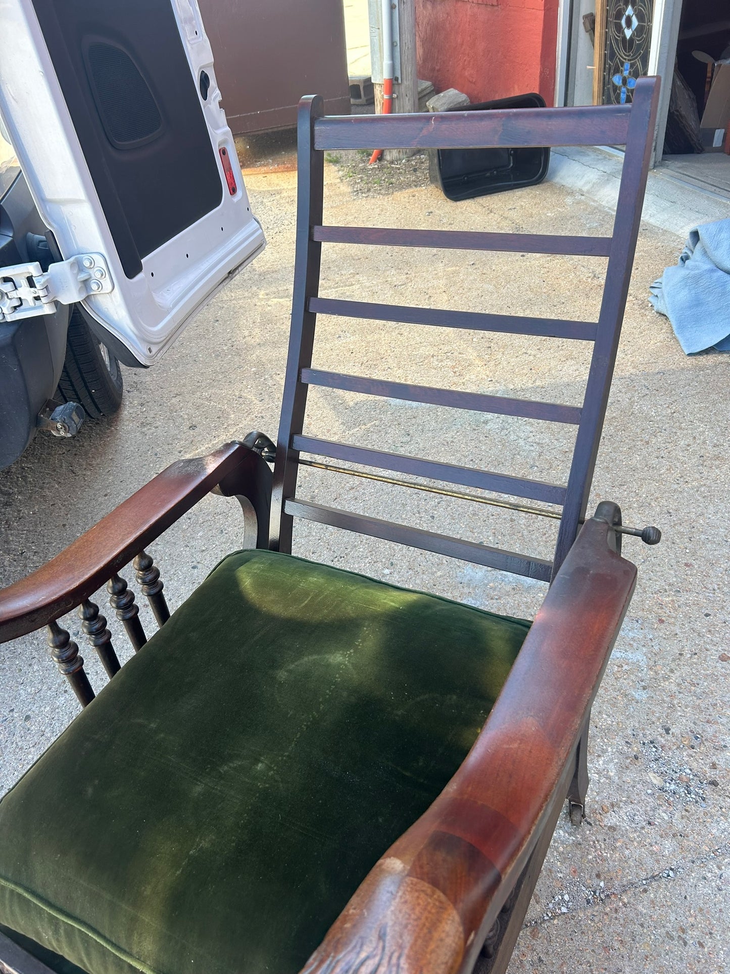 ANTIQUE MORRIS CHAIR WITH CARVED ARMS