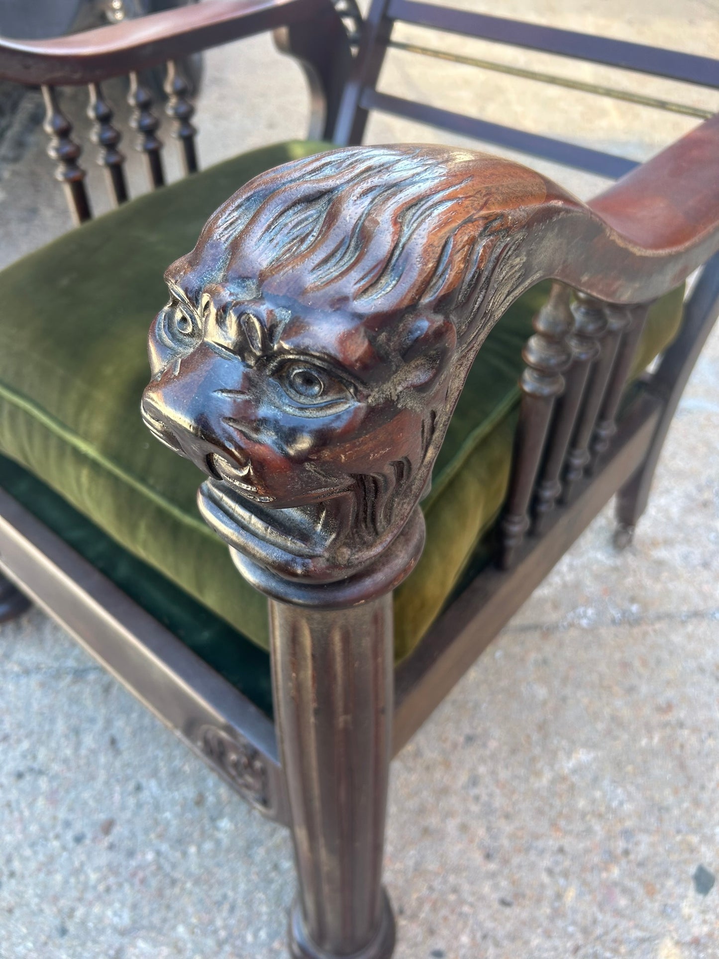 ANTIQUE MORRIS CHAIR WITH CARVED ARMS