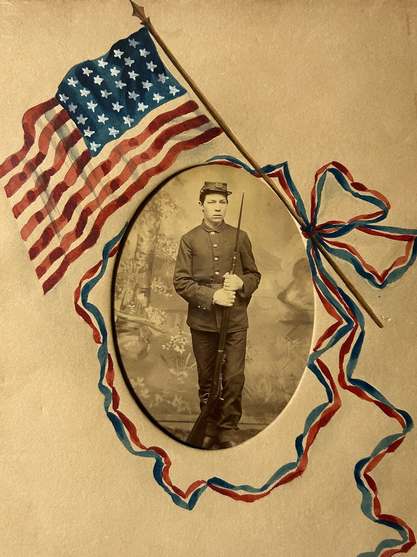 HAND PAINTED PATRIOTIC FLAG FRAME WITH 1888 PHOTO OF 16 YEAR OLD IDENTIFIED SOLDIER