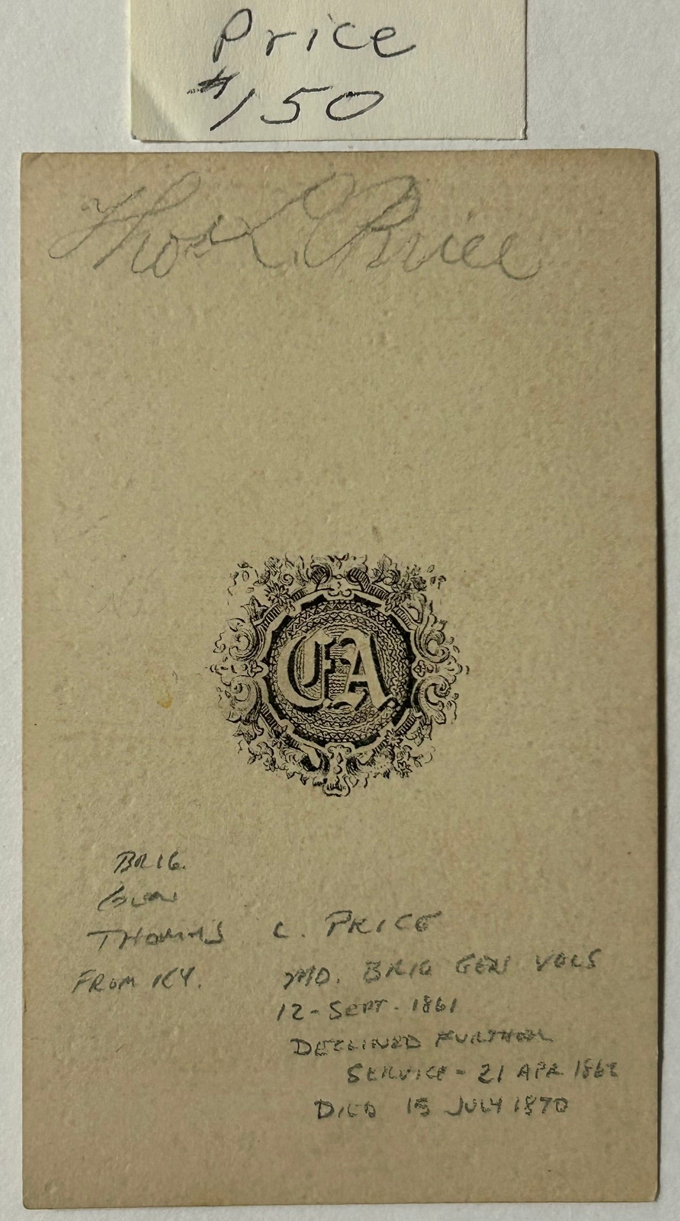 CIVIL WAR BRIGADIER GENERAL THOMAS LAWSON PRICE CDV PHOTOGRAPH