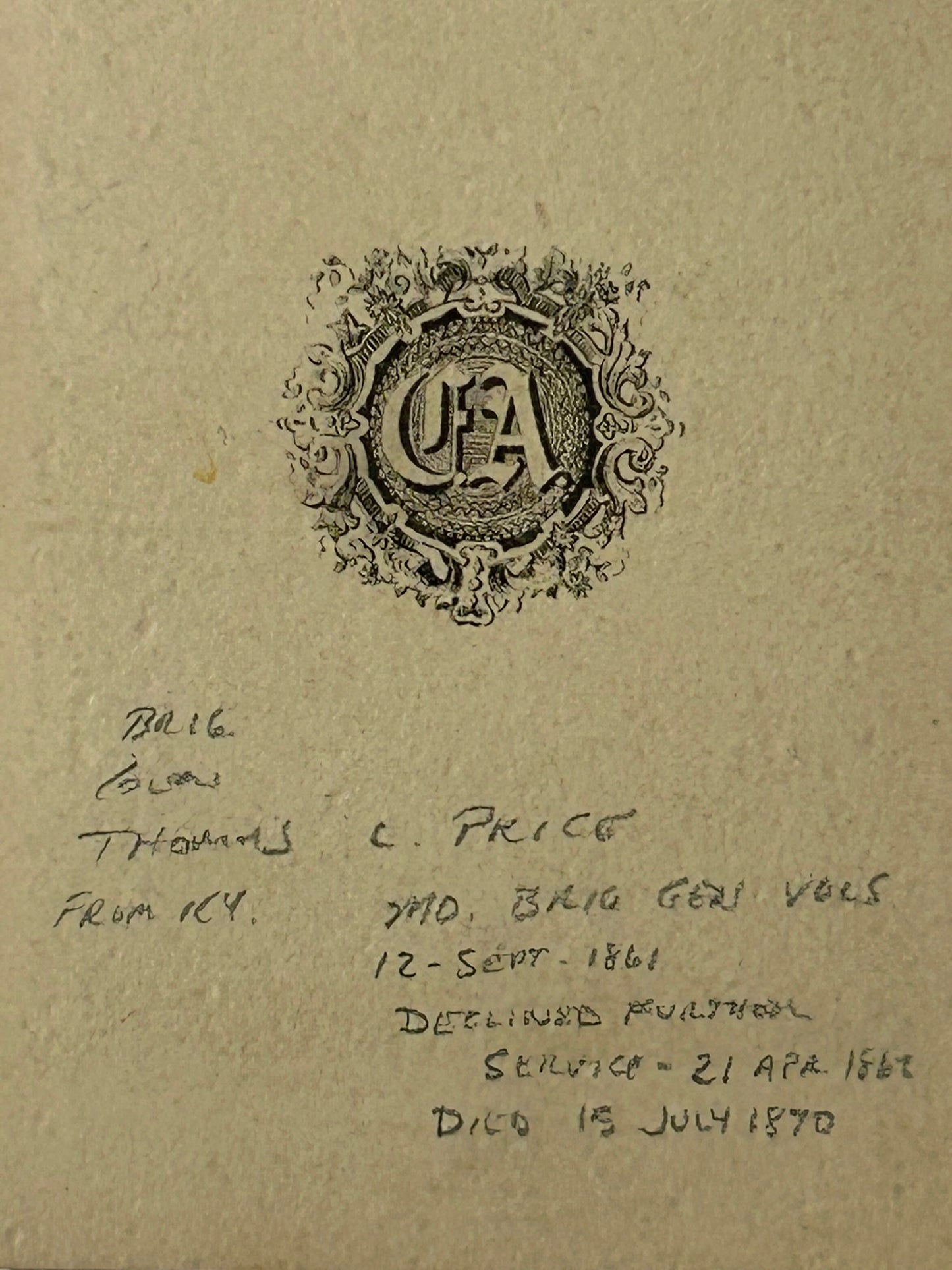 CIVIL WAR BRIGADIER GENERAL THOMAS LAWSON PRICE CDV PHOTOGRAPH