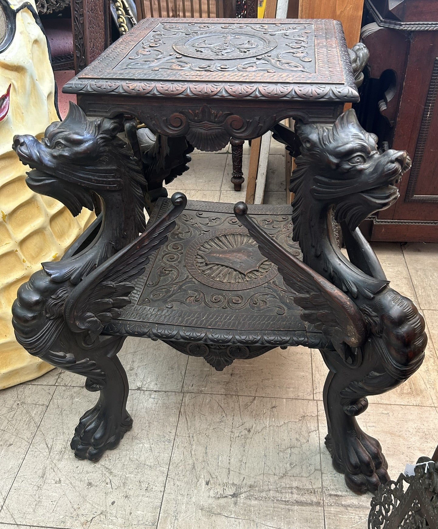 ANTIQUE WINGED DRAGON CARVED TABLE