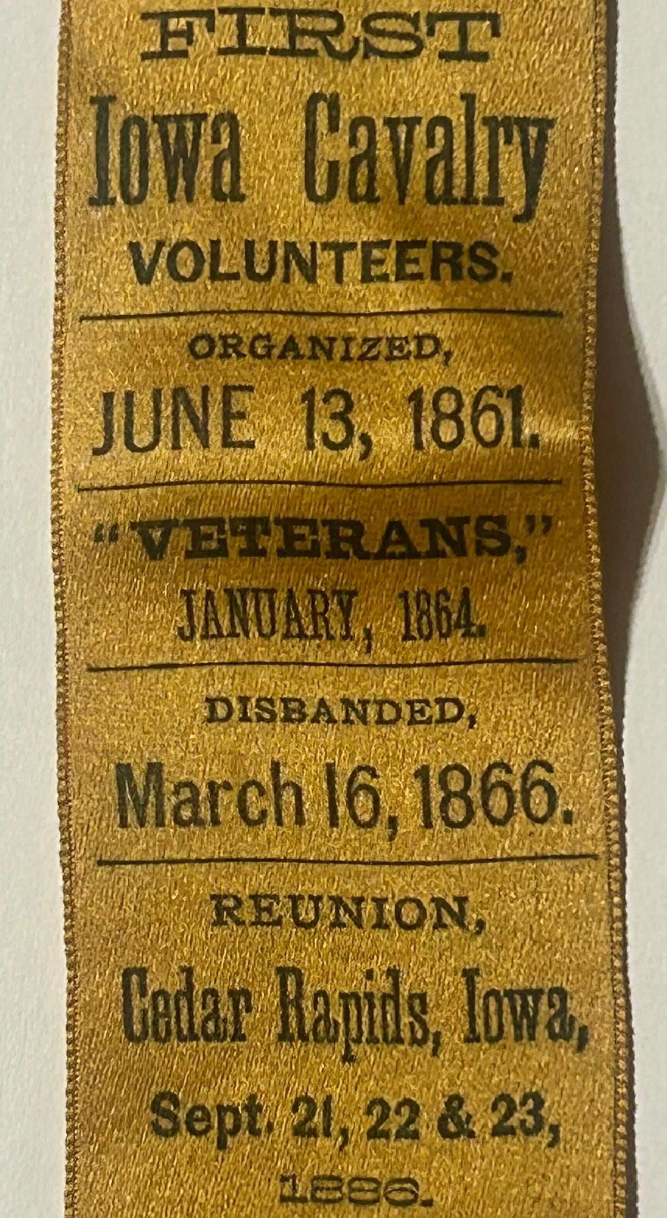 1ST IOWA CAVALRY VOLUNTEERS 1886 REUNION RIBBON