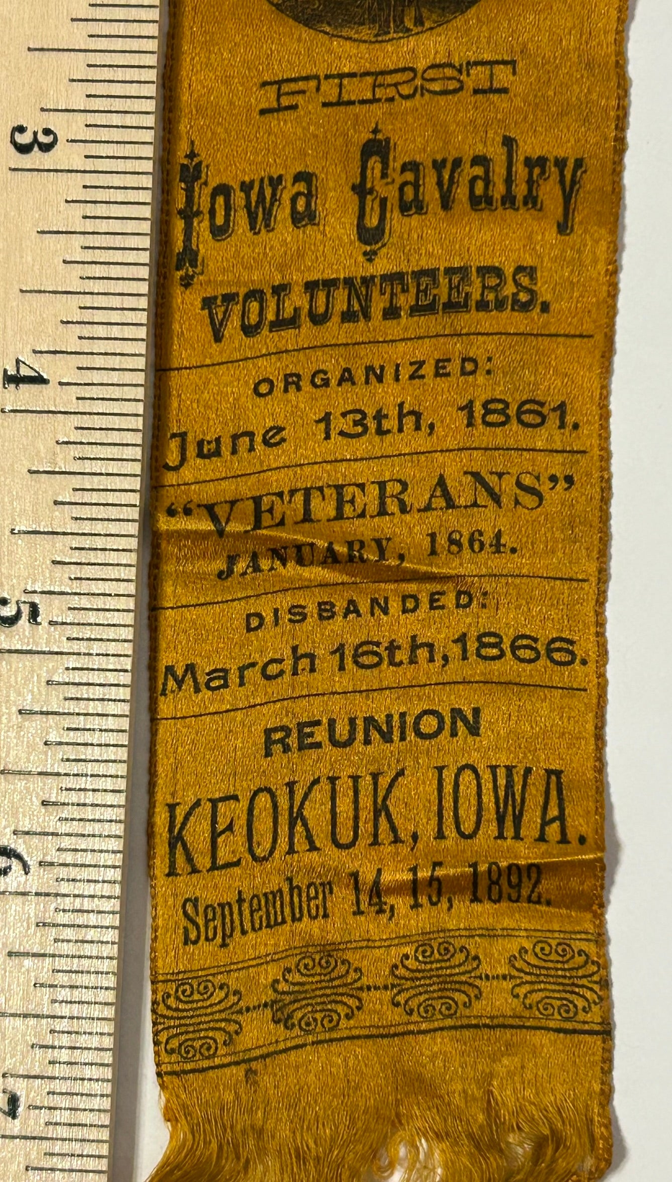 FIRST IOWA CAVALRY VOLUNTEERS 1892 REUNION RIBBON