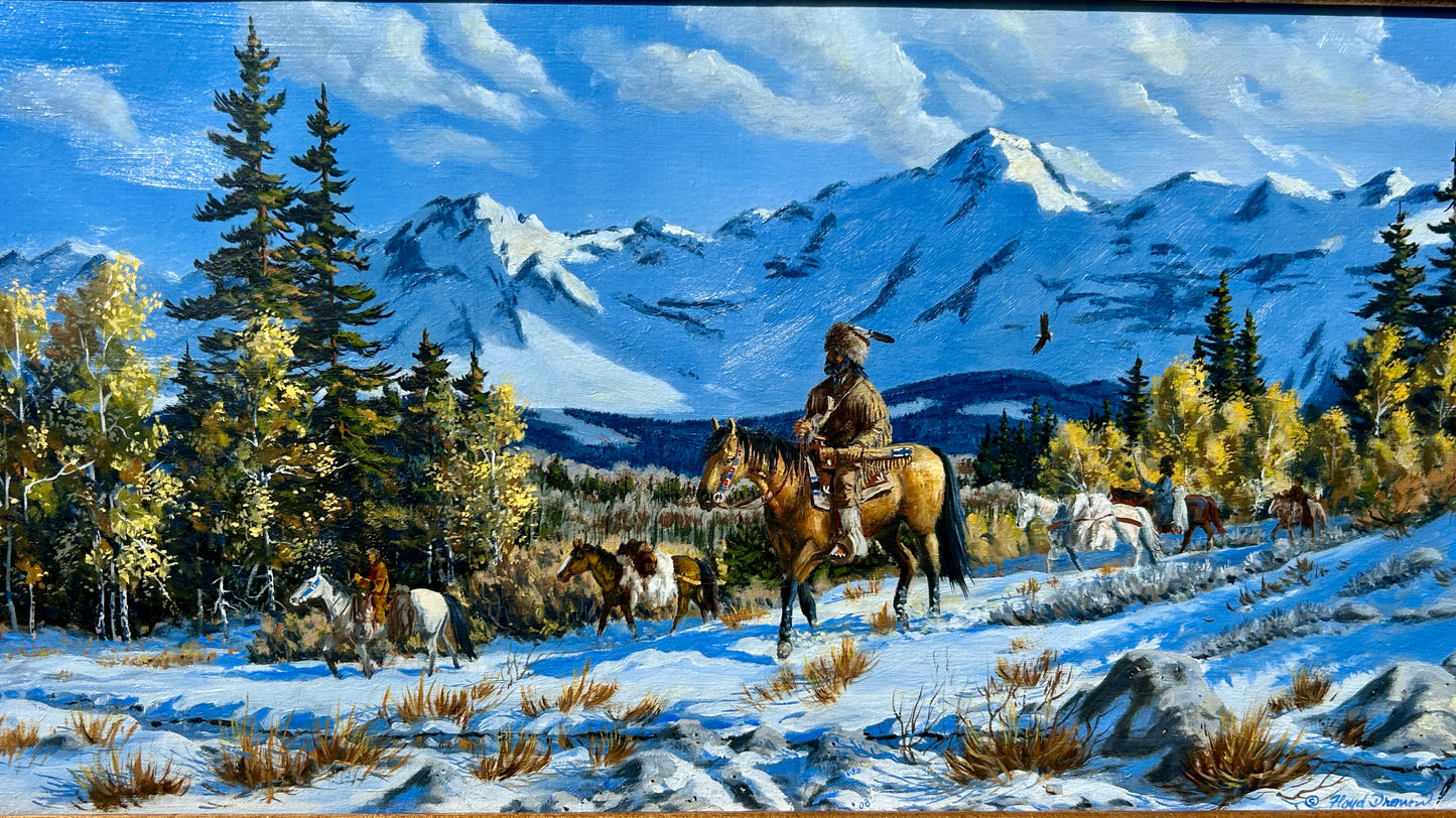 FLOYD DROWN TEXAS ARTIST SOUTHWEST PAINTING OF TRAPPERS ON HORSES